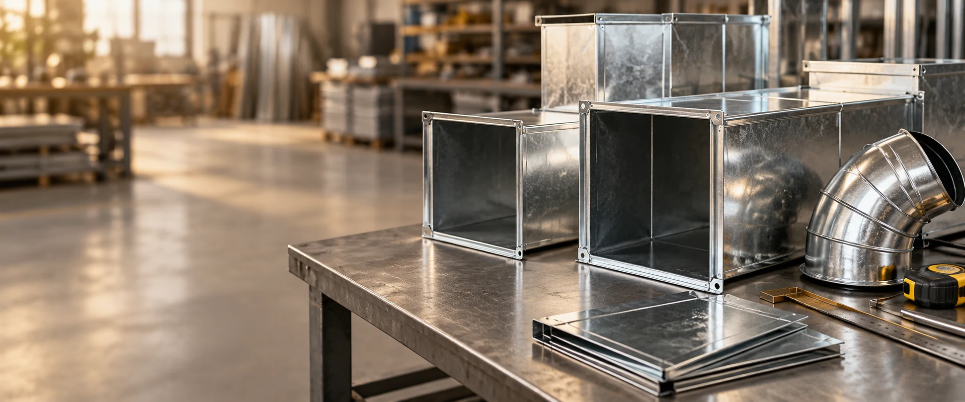 Illustrative view of fabricated metal ductwork on an industrial workbench