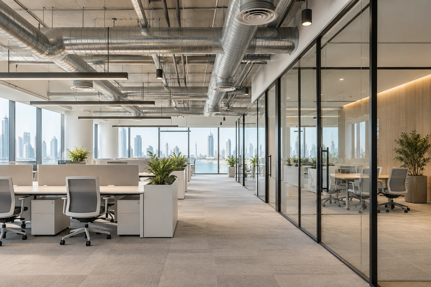 Illustrative commercial interior with visible HVAC ductwork