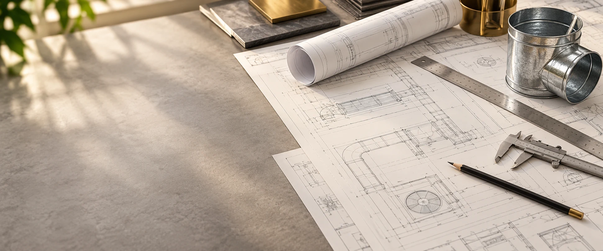 Illustrative project drawings, measuring tools and a duct sample prepared for review.
